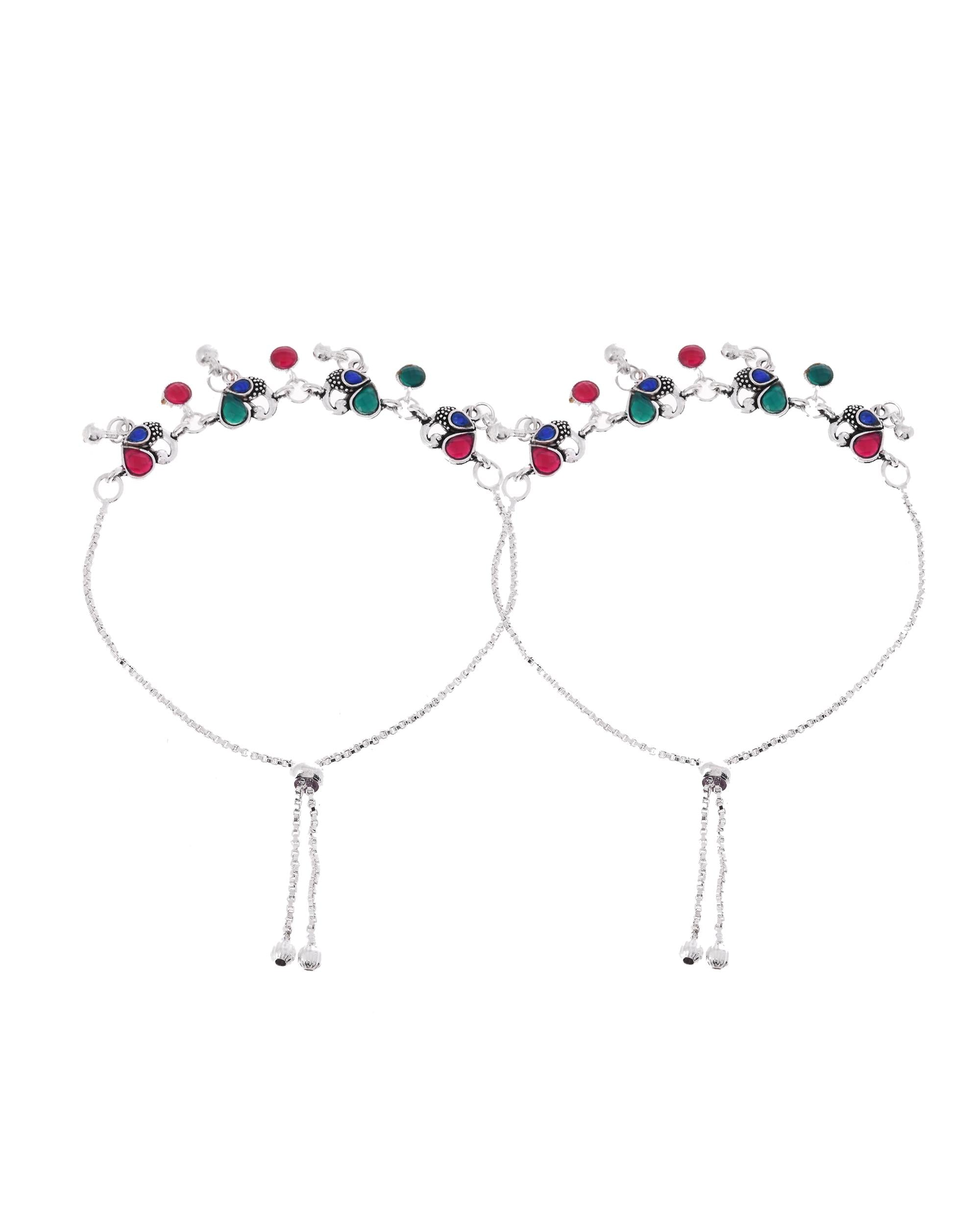 VOJ Set of 2 Silver-Plated Peacock Shaped Artificial Stones Anklet - Distacart