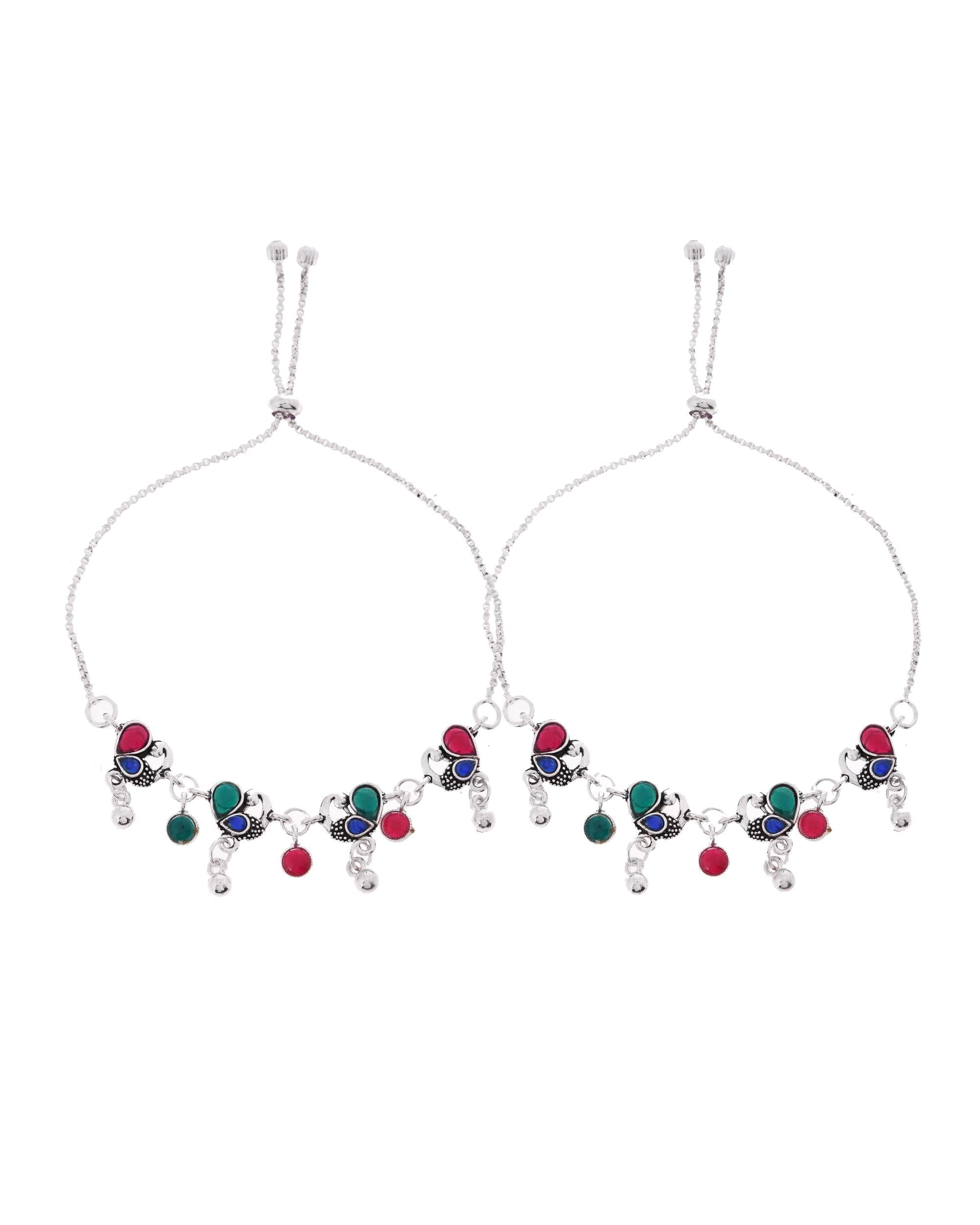 VOJ Set of 2 Silver-Plated Peacock Shaped Artificial Stones Anklet - Distacart