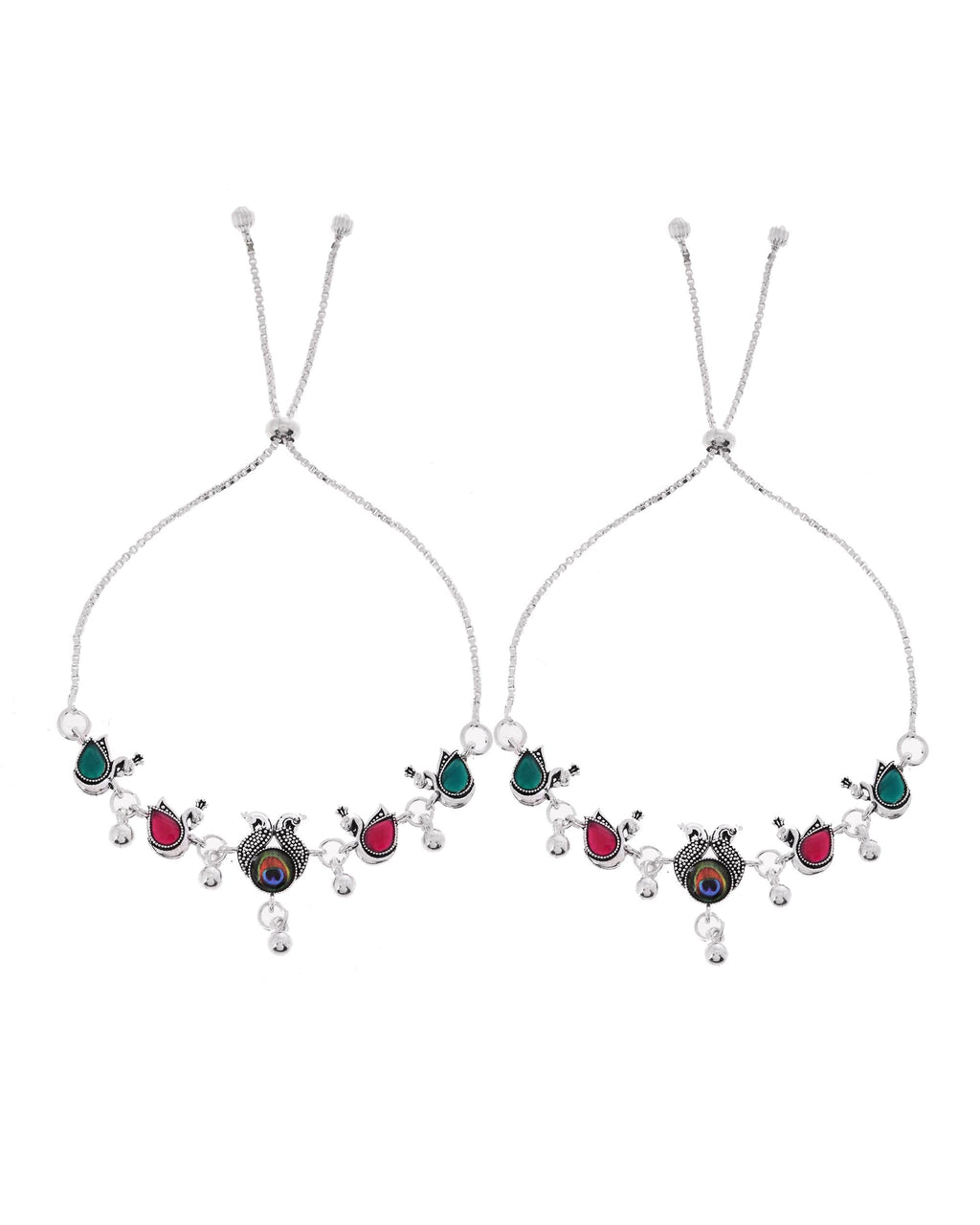 VOJ Set of 2 Silver-Plated Peacock Shaped Stone Studded Anklets - Distacart