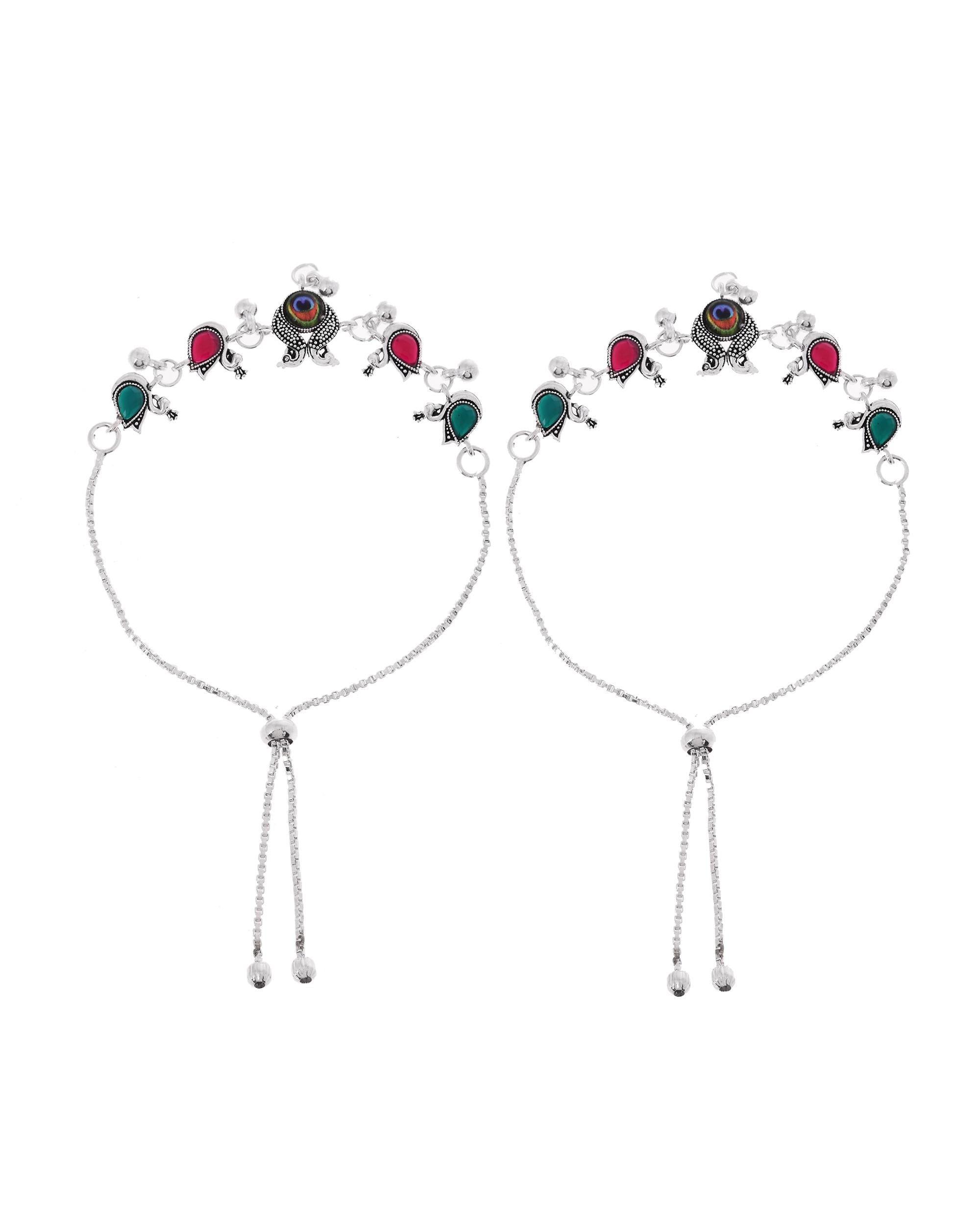 VOJ Set of 2 Silver-Plated Peacock Shaped Stone Studded Anklets - Distacart