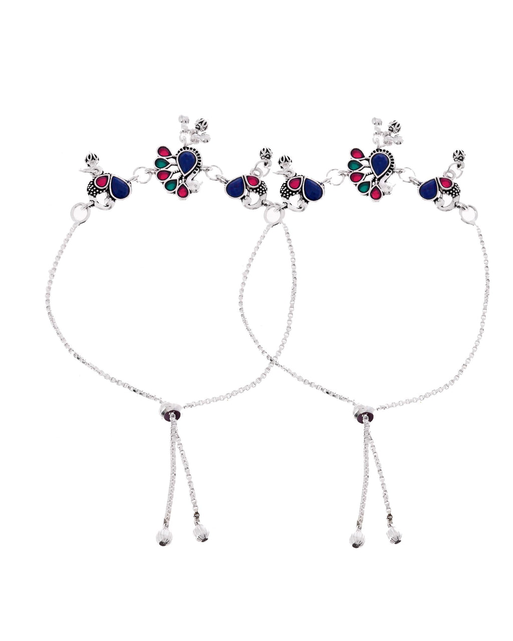 VOJ Set of 2 Silver-Plated Peacock Shaped Stone Studded Anklet - Distacart