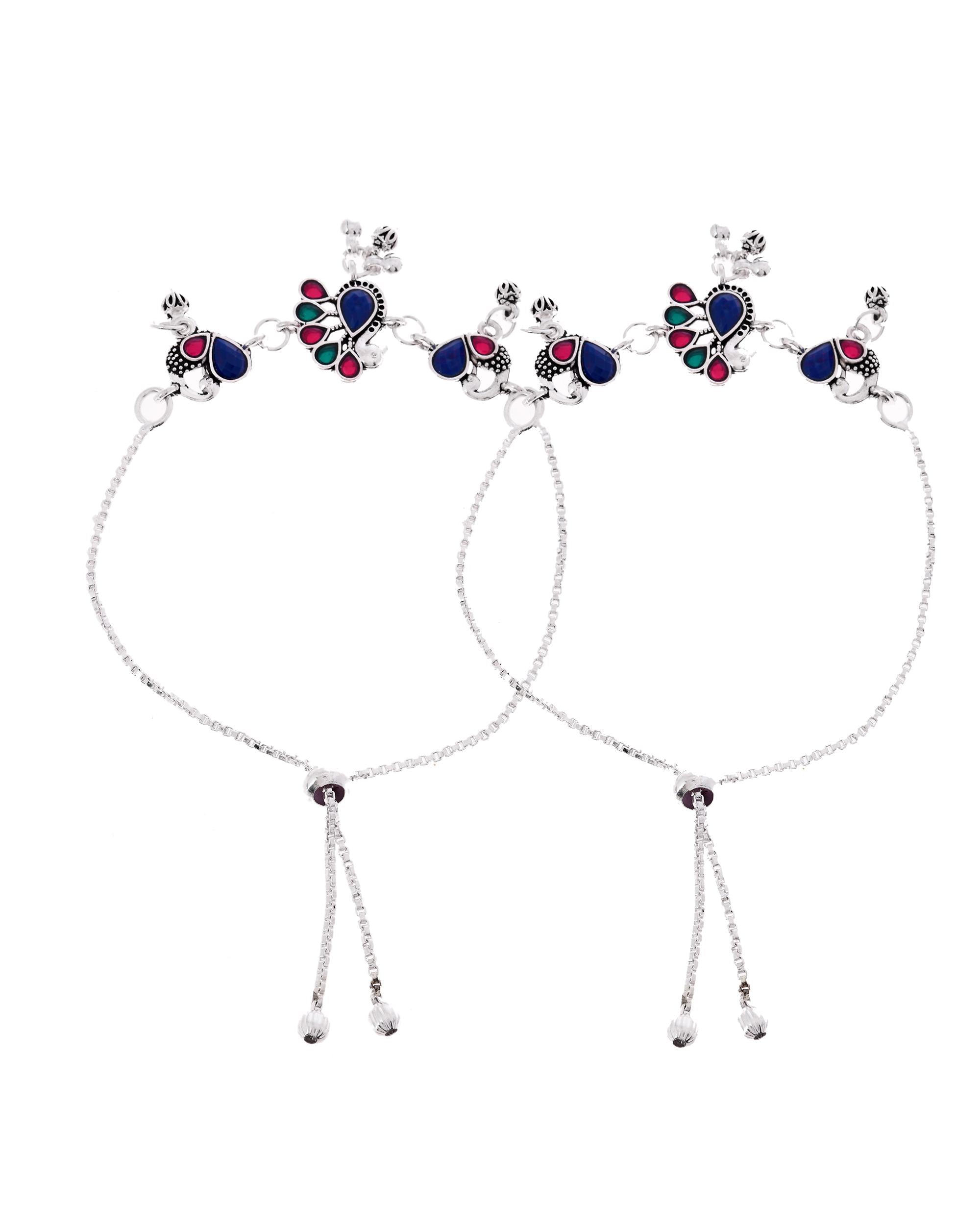 VOJ Set of 2 Silver-Plated Peacock Shaped Stone Studded Anklet - Distacart