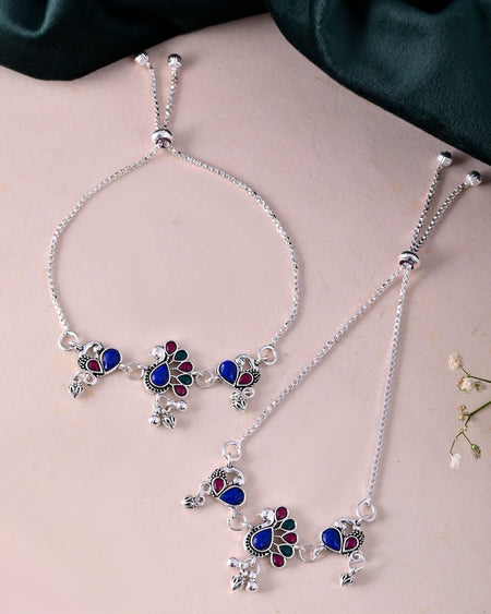 VOJ Set of 2 Silver-Plated Peacock Shaped Stone Studded Anklet