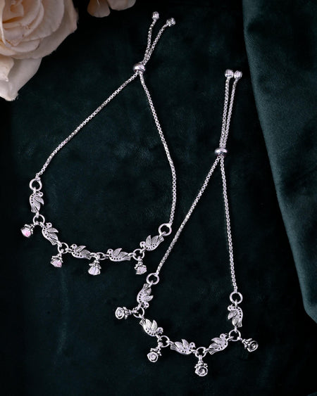 VOJ Set of 2 Silver Plated Bird And Rose Shaped Anklet