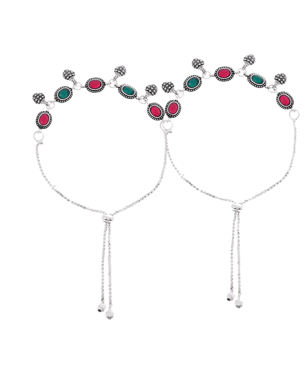 VOJ Set of 2 Silver-Plated Artificial Stones Studded Anklet - Distacart