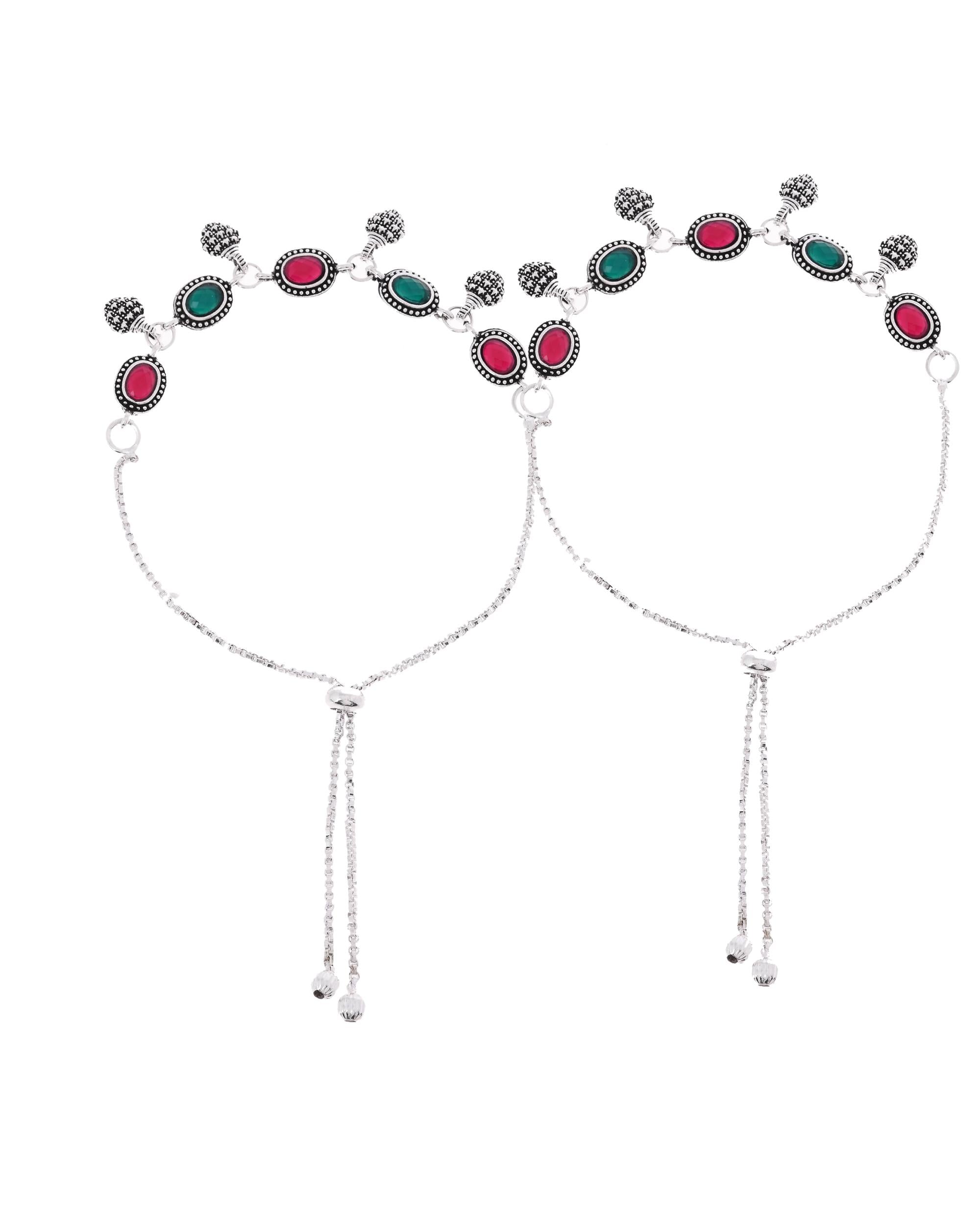 VOJ Set of 2 Silver-Plated Artificial Stones Studded Anklet - Distacart
