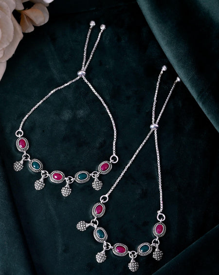 VOJ Set of 2 Silver-Plated Artificial Stones Studded Anklet