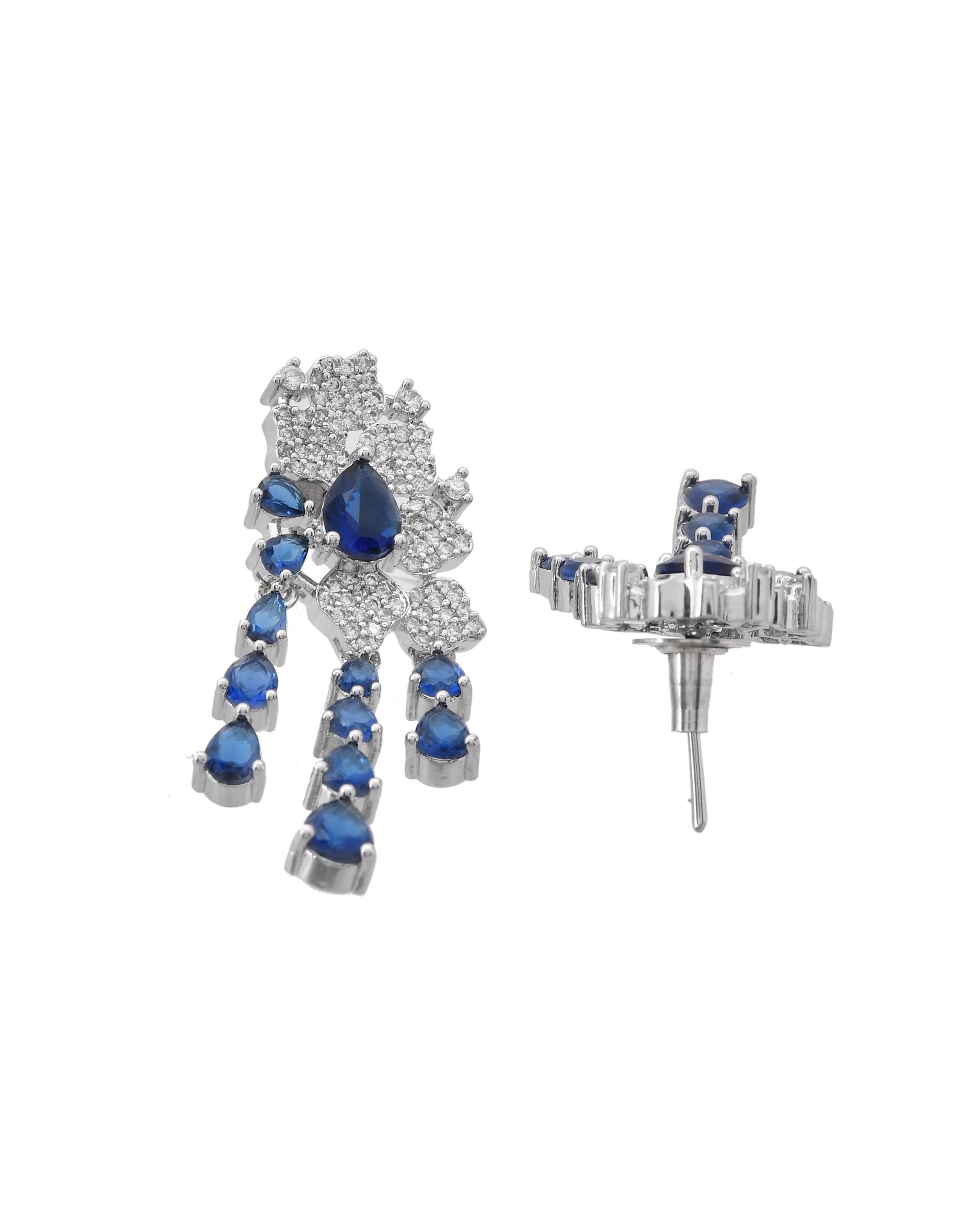 VOJ Silver Plated Ad And Blue Stone Studded Multi Layer Drop Earrings - Distacart