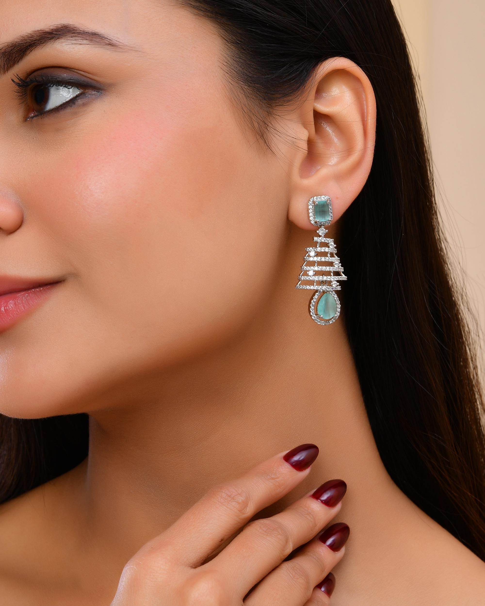 VOJ Silver Plated Mint Green Ad Stone Studded Dome Shaped Earrings - Distacart