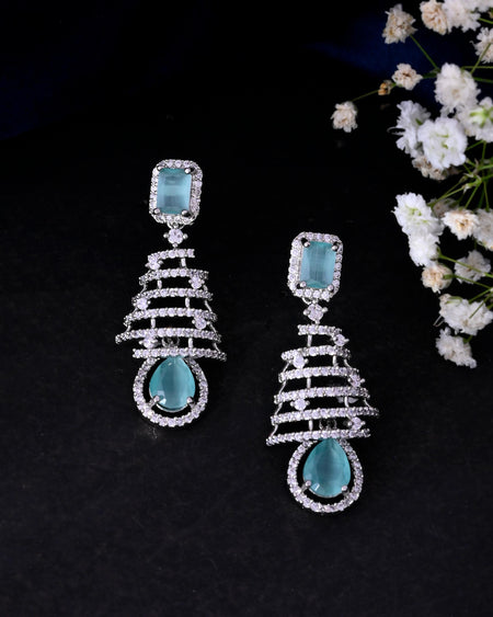 VOJ Silver Plated Mint Green Ad Stone Studded Dome Shaped Earrings