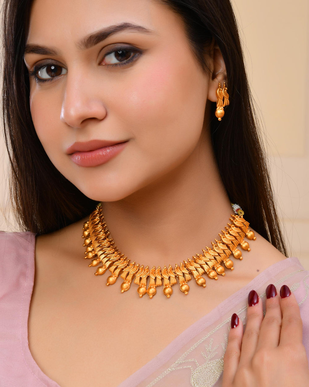 VOJ Gold-Polished Designer Necklace With Earrings Set