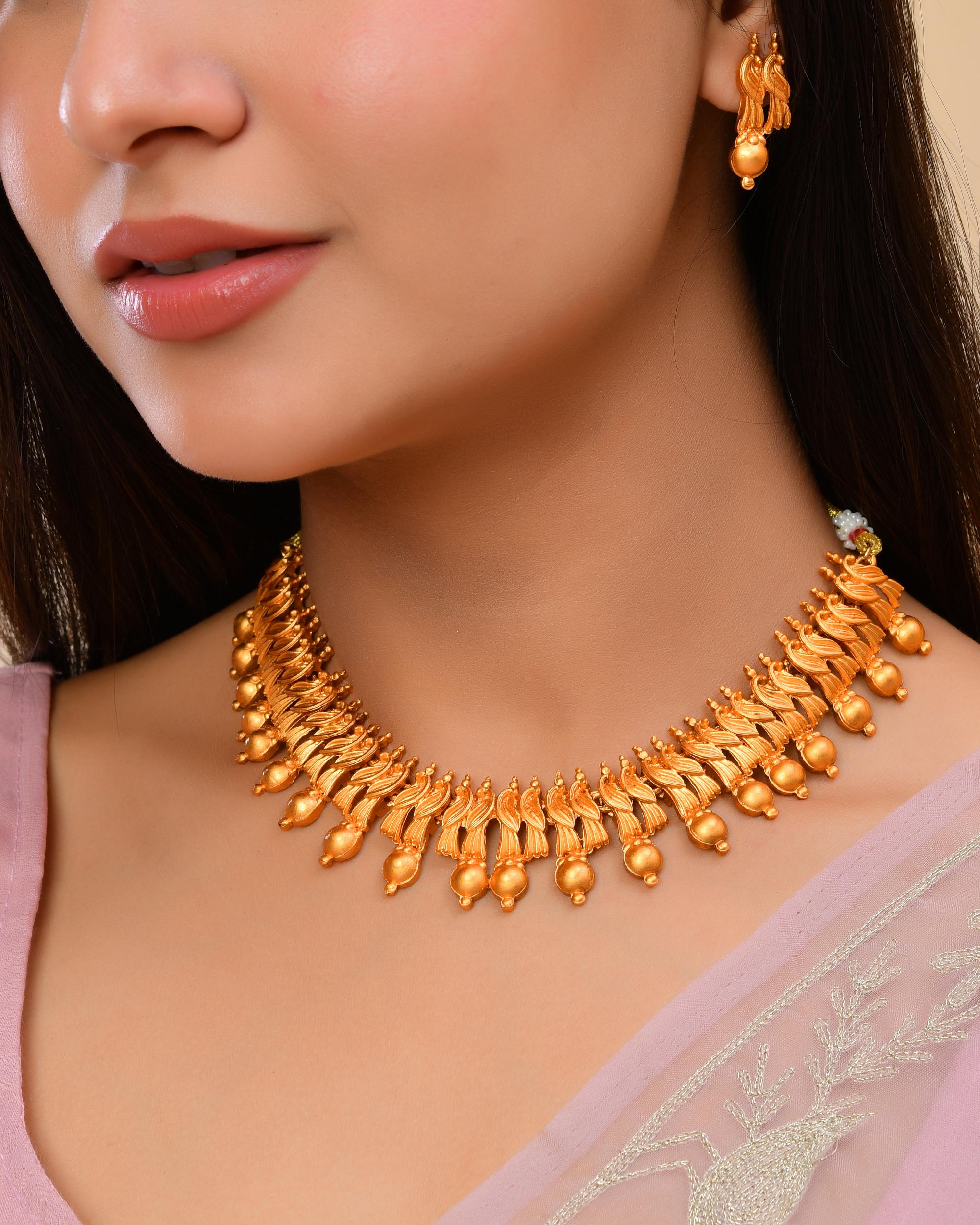 VOJ Gold-Polished Designer Necklace With Earrings Set