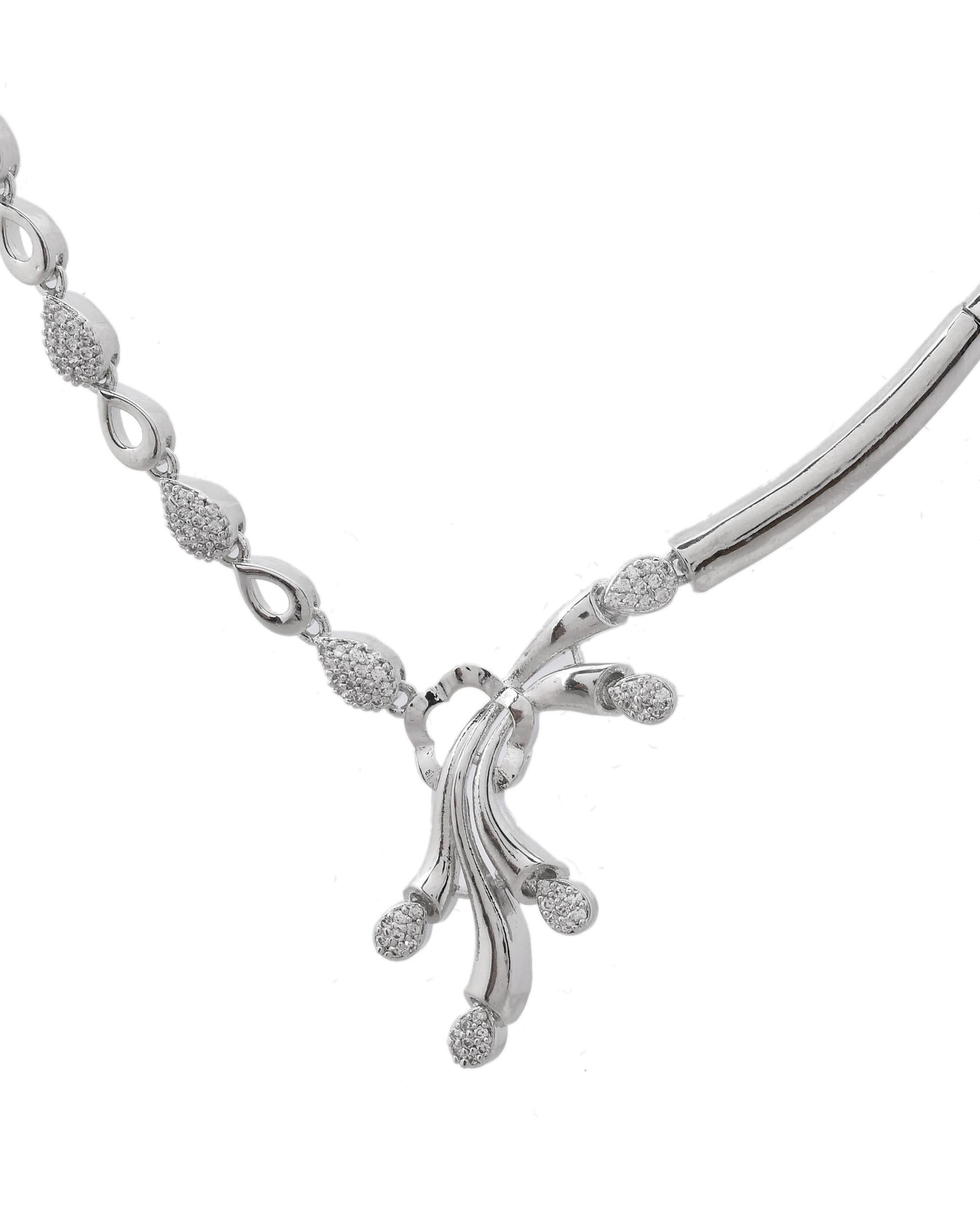 VOJ Silver Plated Ad Stone Studded Designer Necklace With Earrings Set