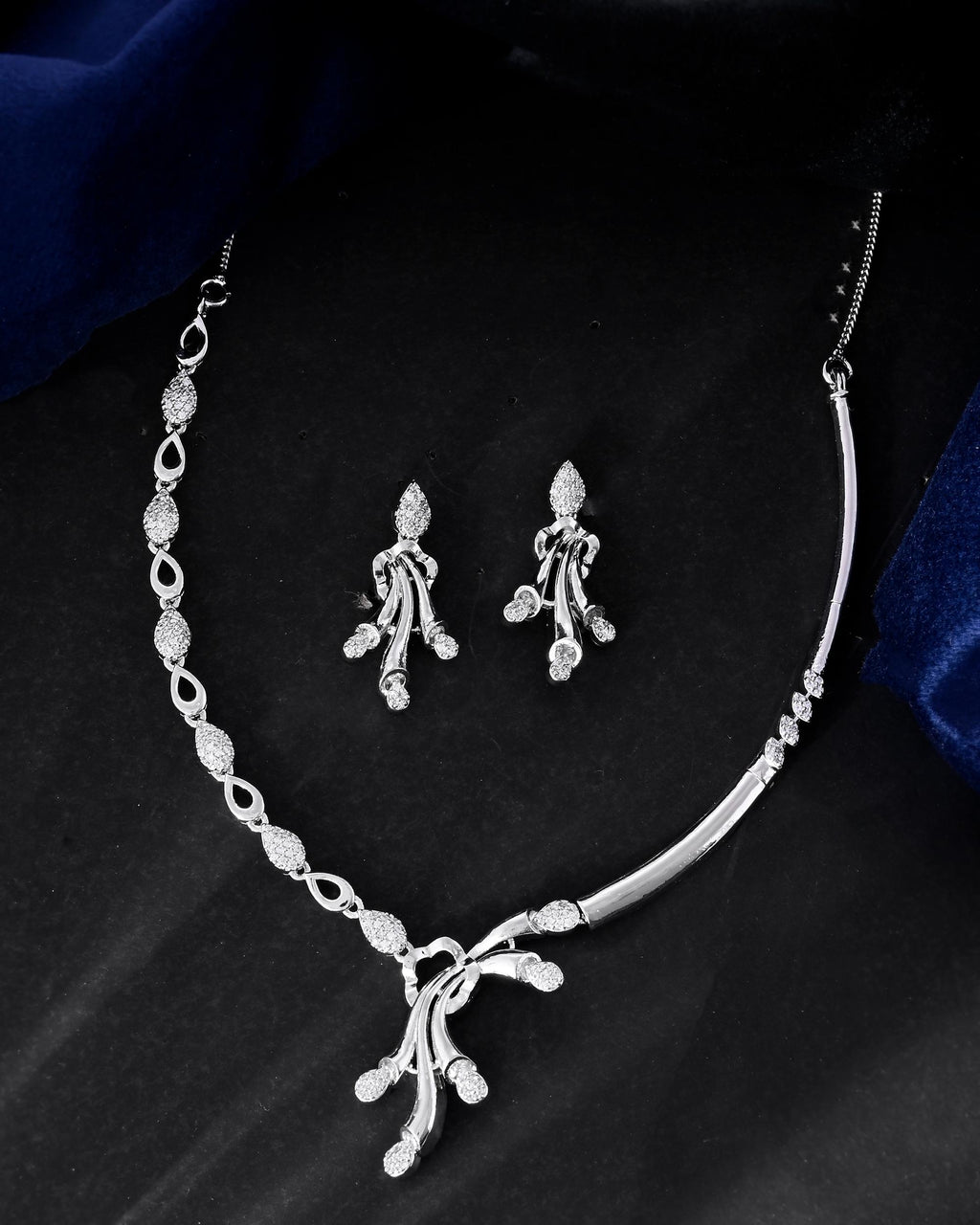 VOJ Silver Plated Ad Stone Studded Designer Necklace With Earrings Set