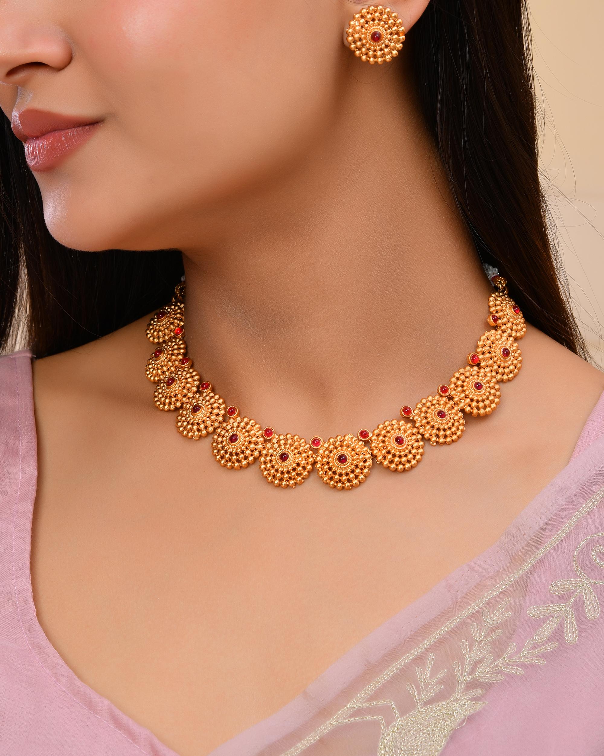 VOJ Gold-Polished Circular Designed Necklace With Earrings Set