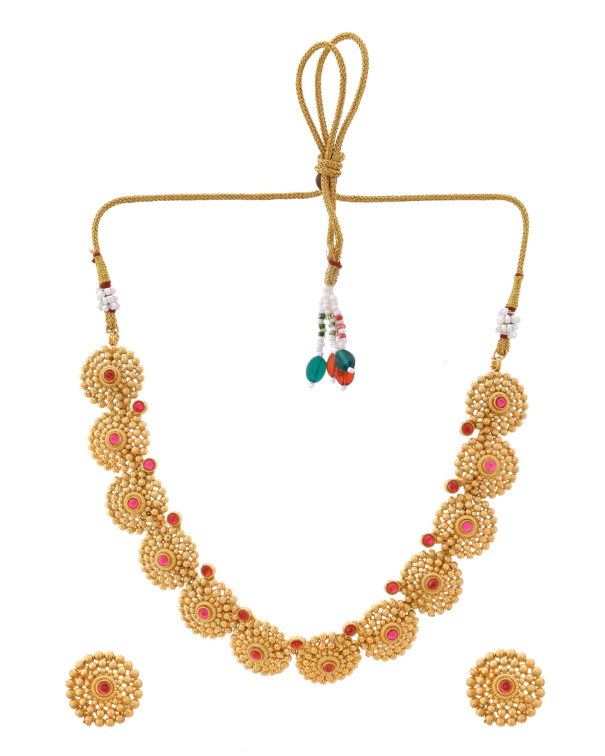 VOJ Gold-Polished Circular Designed Necklace With Earrings Set