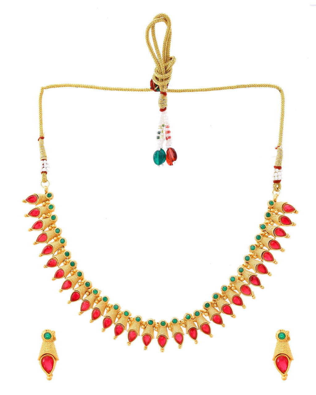 VOJ Gold-Polished Teardrop Shaped Designed Necklace With Earrings Set