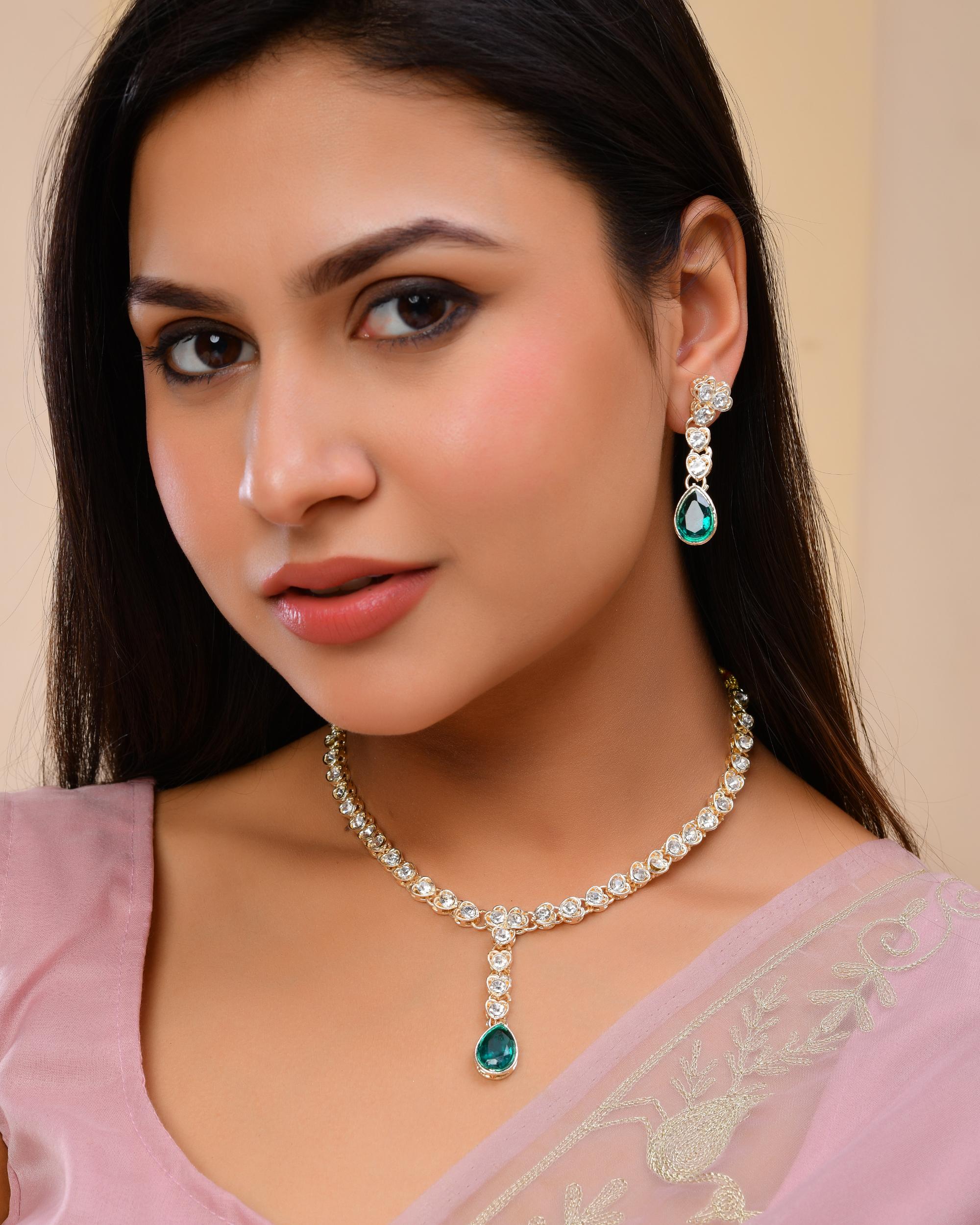 VOJ Silver Plated Green Stone Studded Necklace And Earrings Set