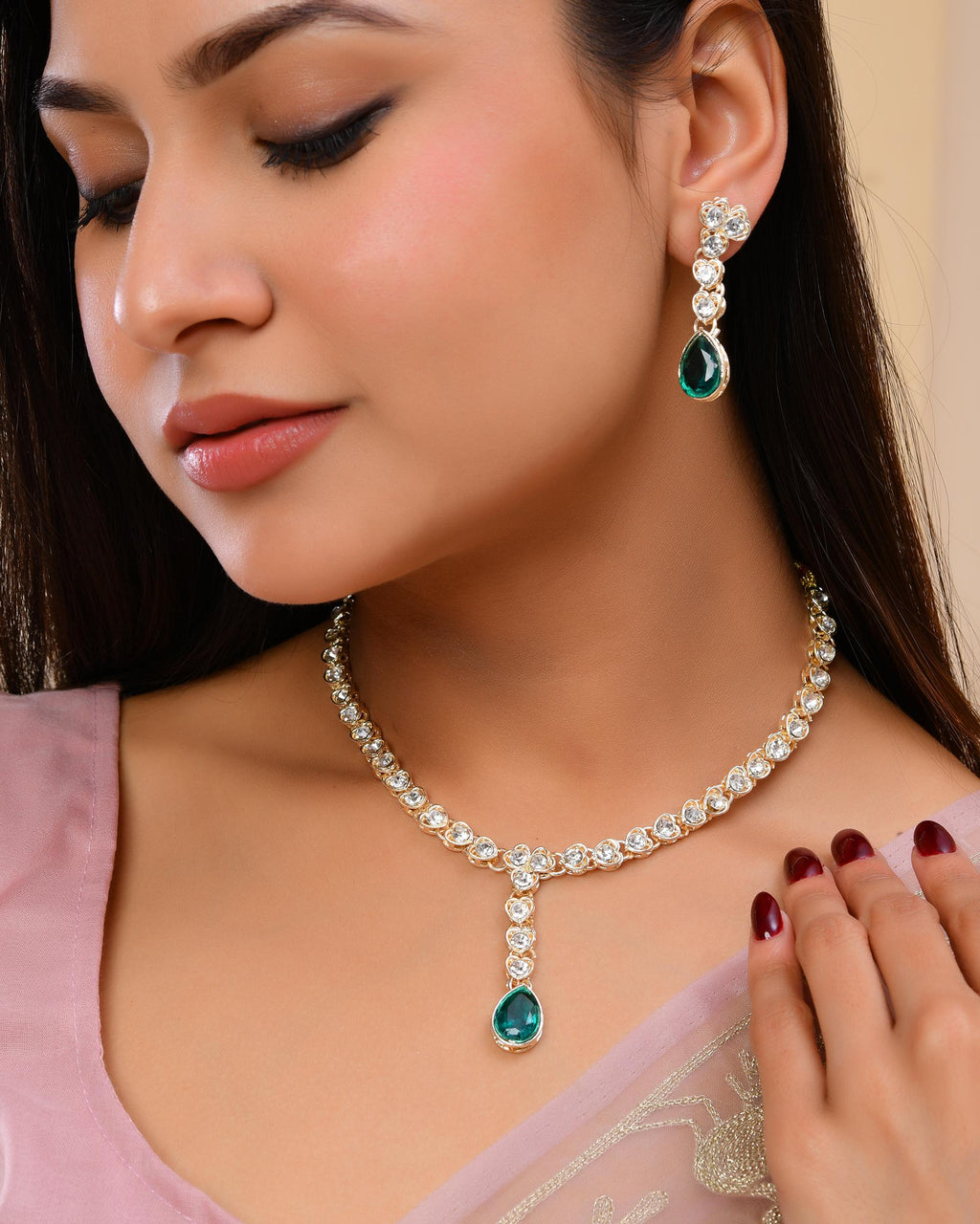 VOJ Silver Plated Green Stone Studded Necklace And Earrings Set