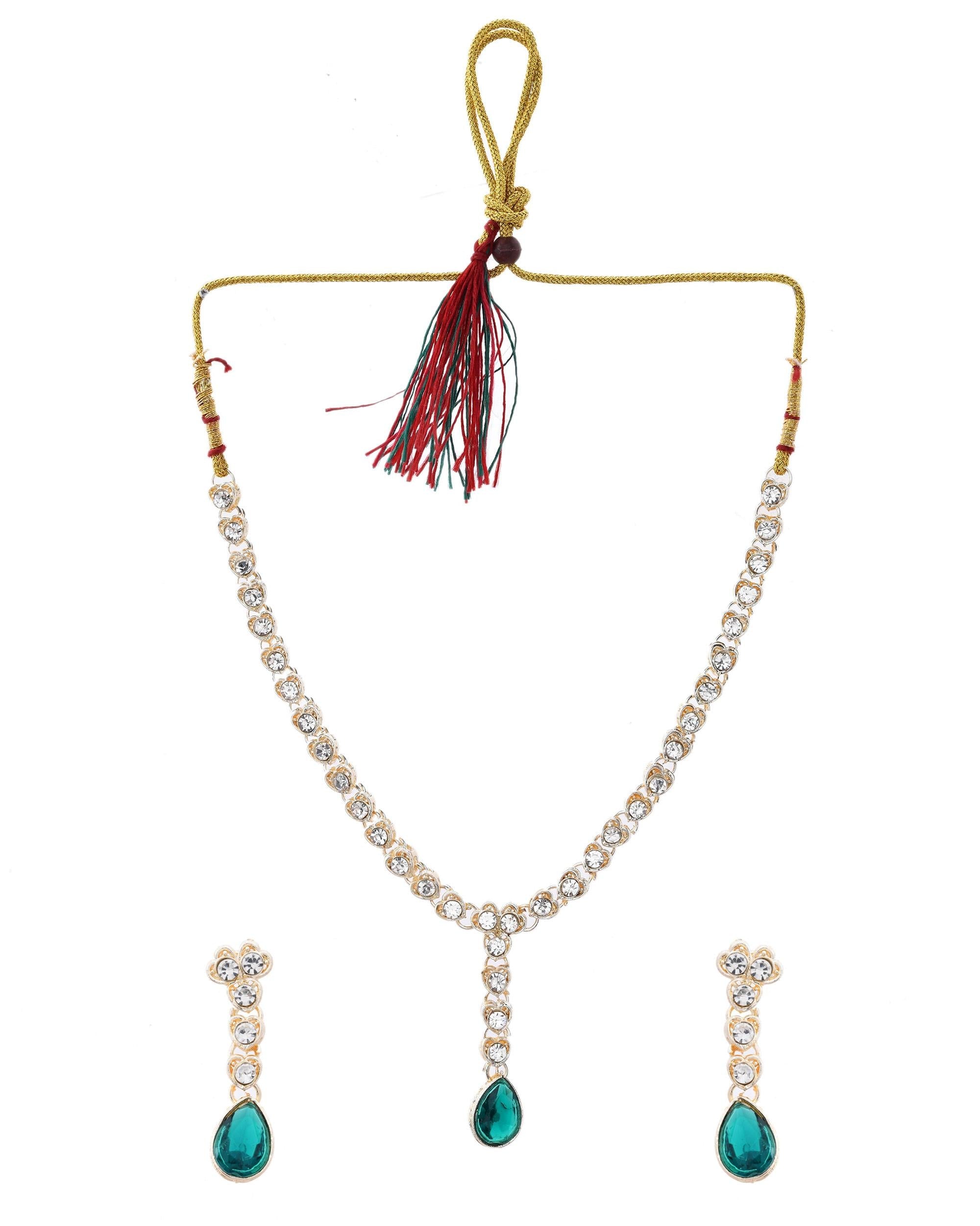 VOJ Silver Plated Green Stone Studded Necklace And Earrings Set