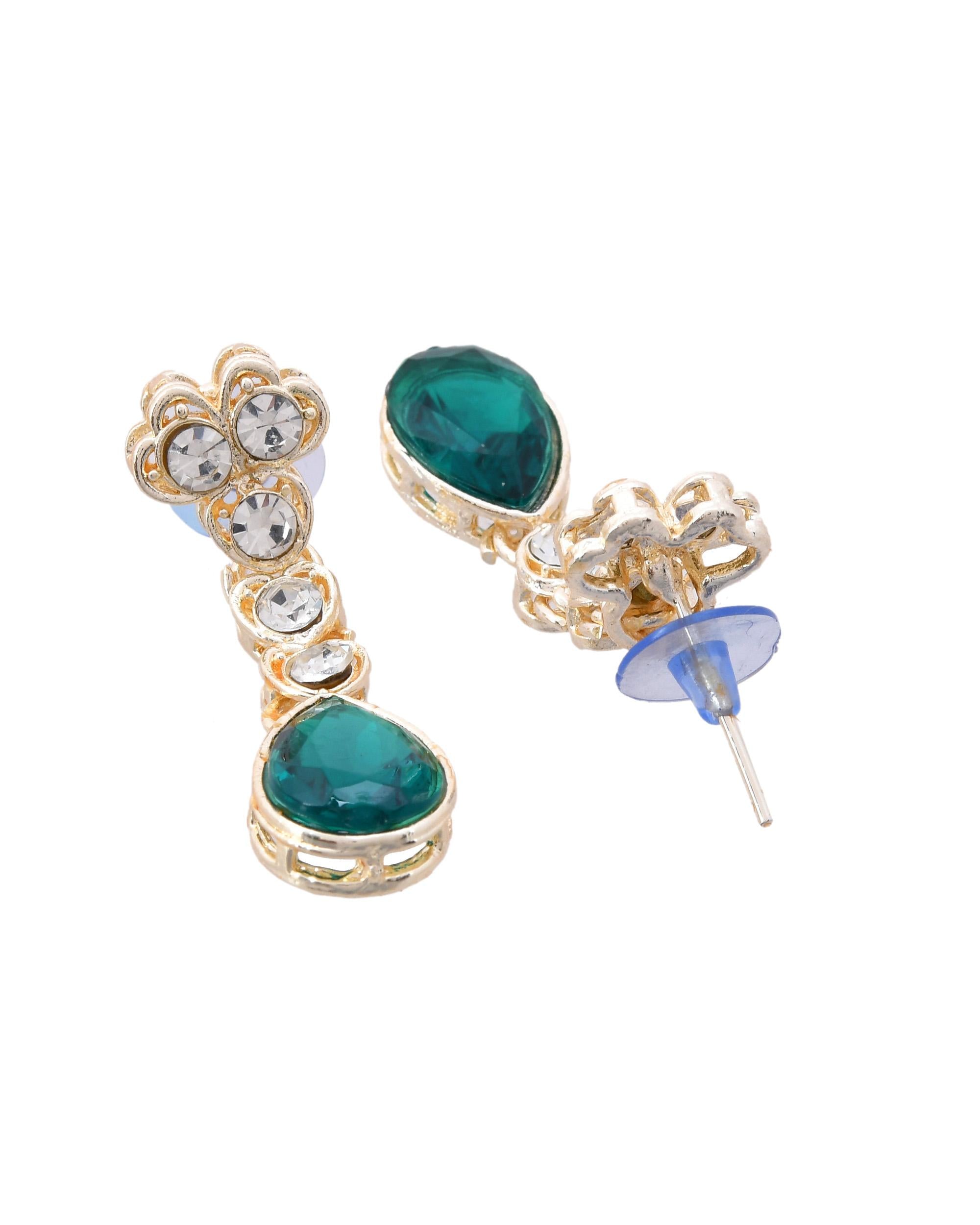 VOJ Silver Plated Green Stone Studded Necklace And Earrings Set