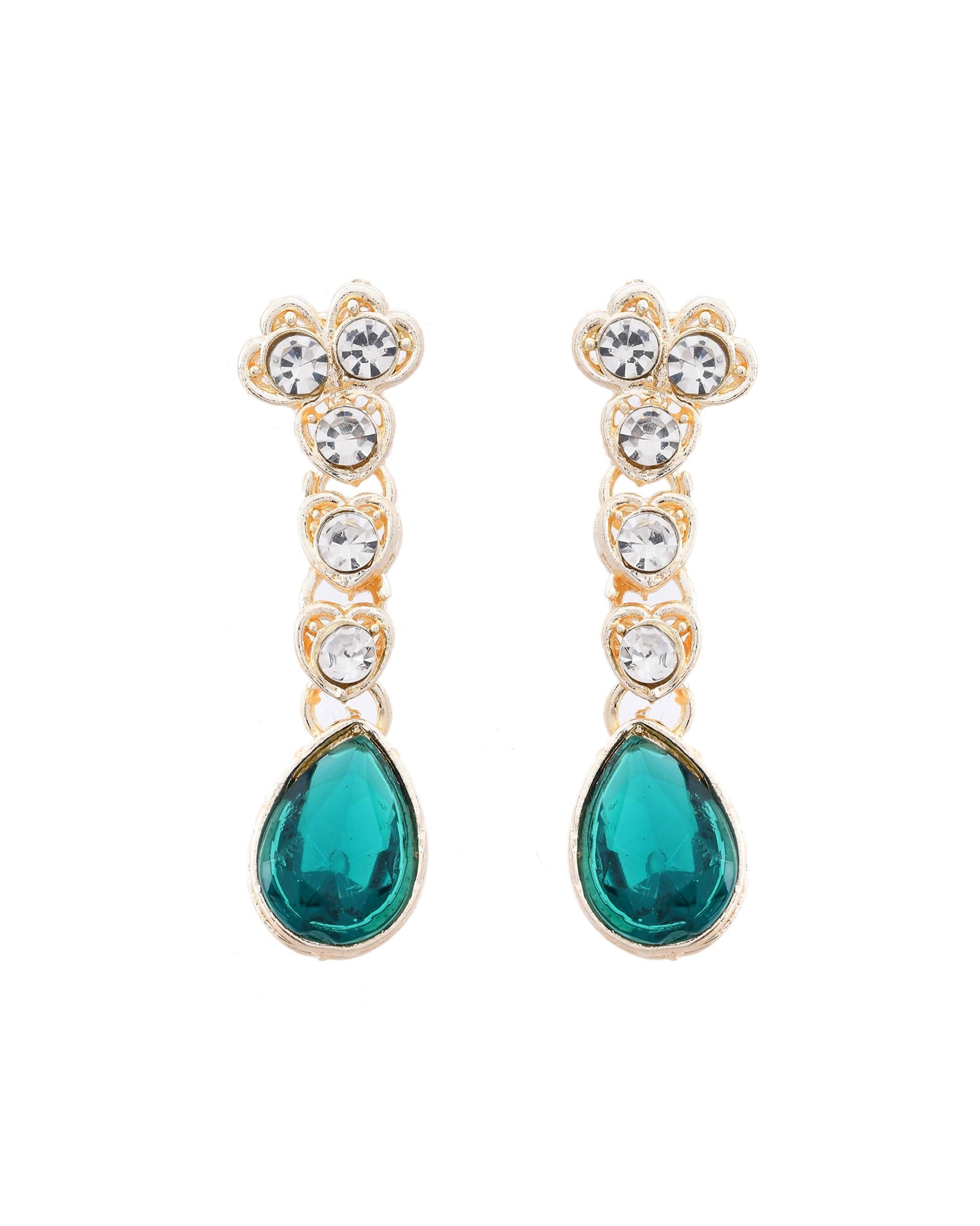 VOJ Silver Plated Green Stone Studded Necklace And Earrings Set