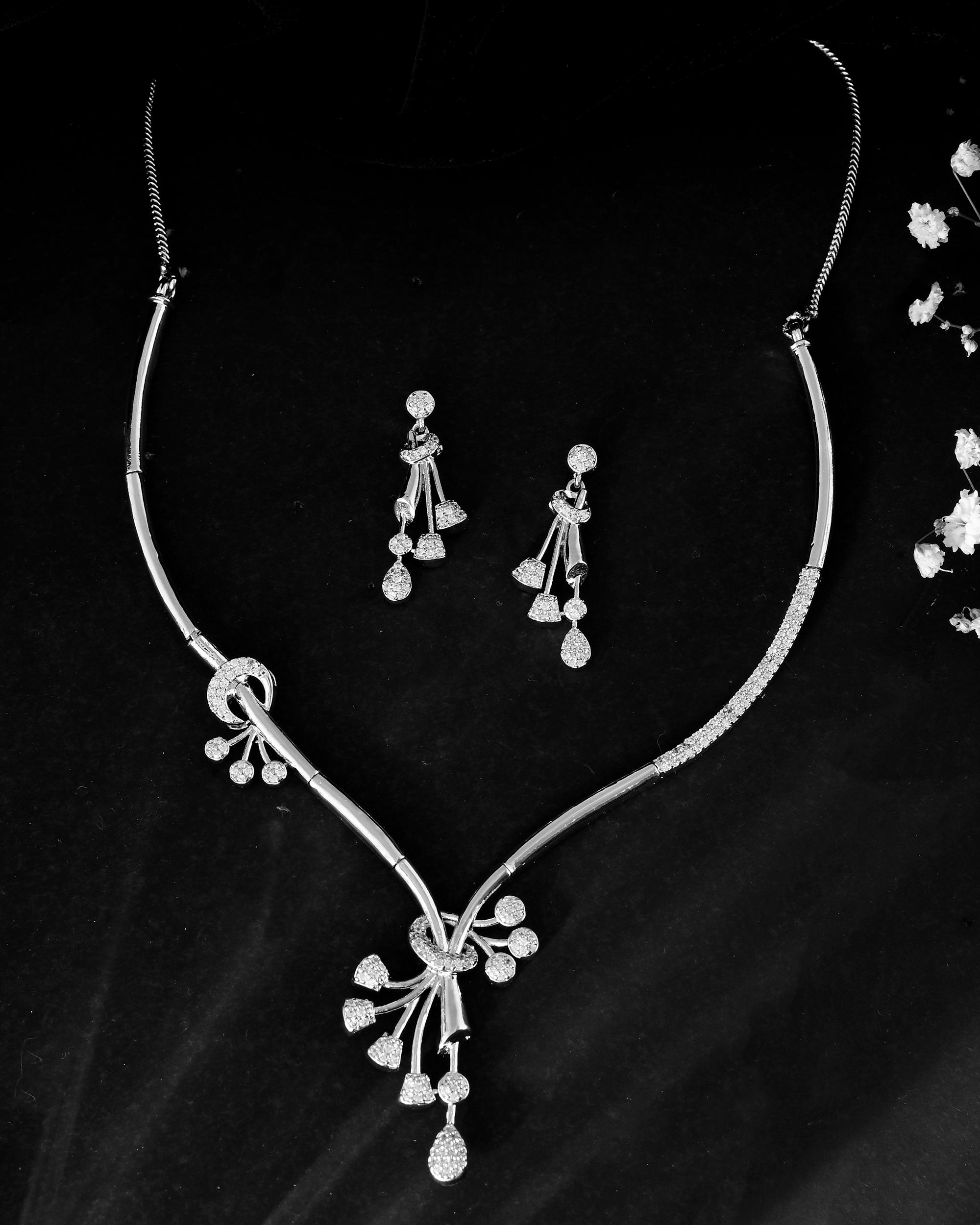 VOJ Silver Plated Ad Stone Studded Designer Necklace With Earrings Set