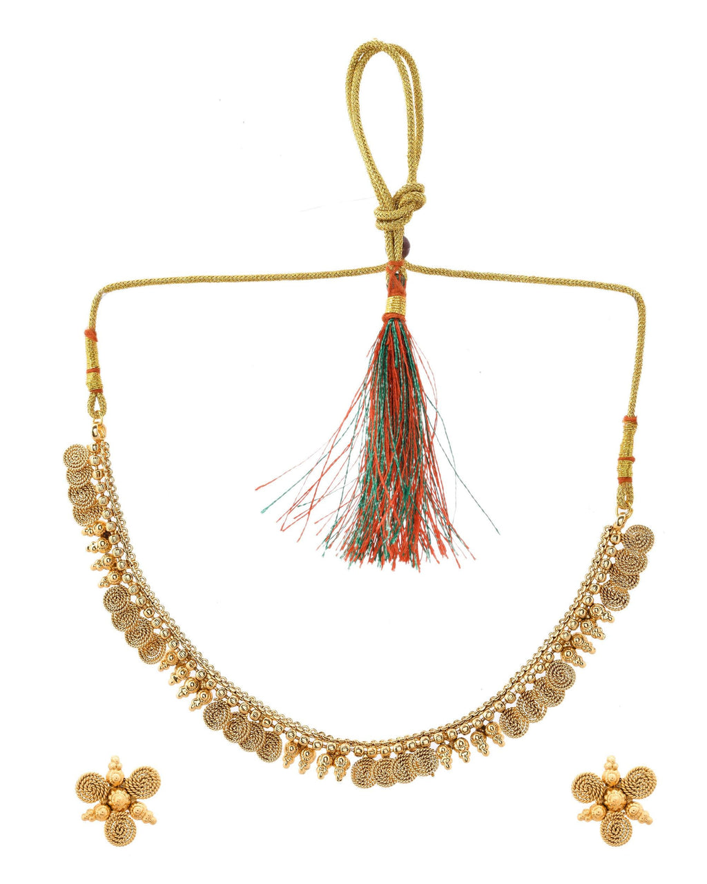 VOJ Gold-Polished Round Designed Necklace With Earrings Set