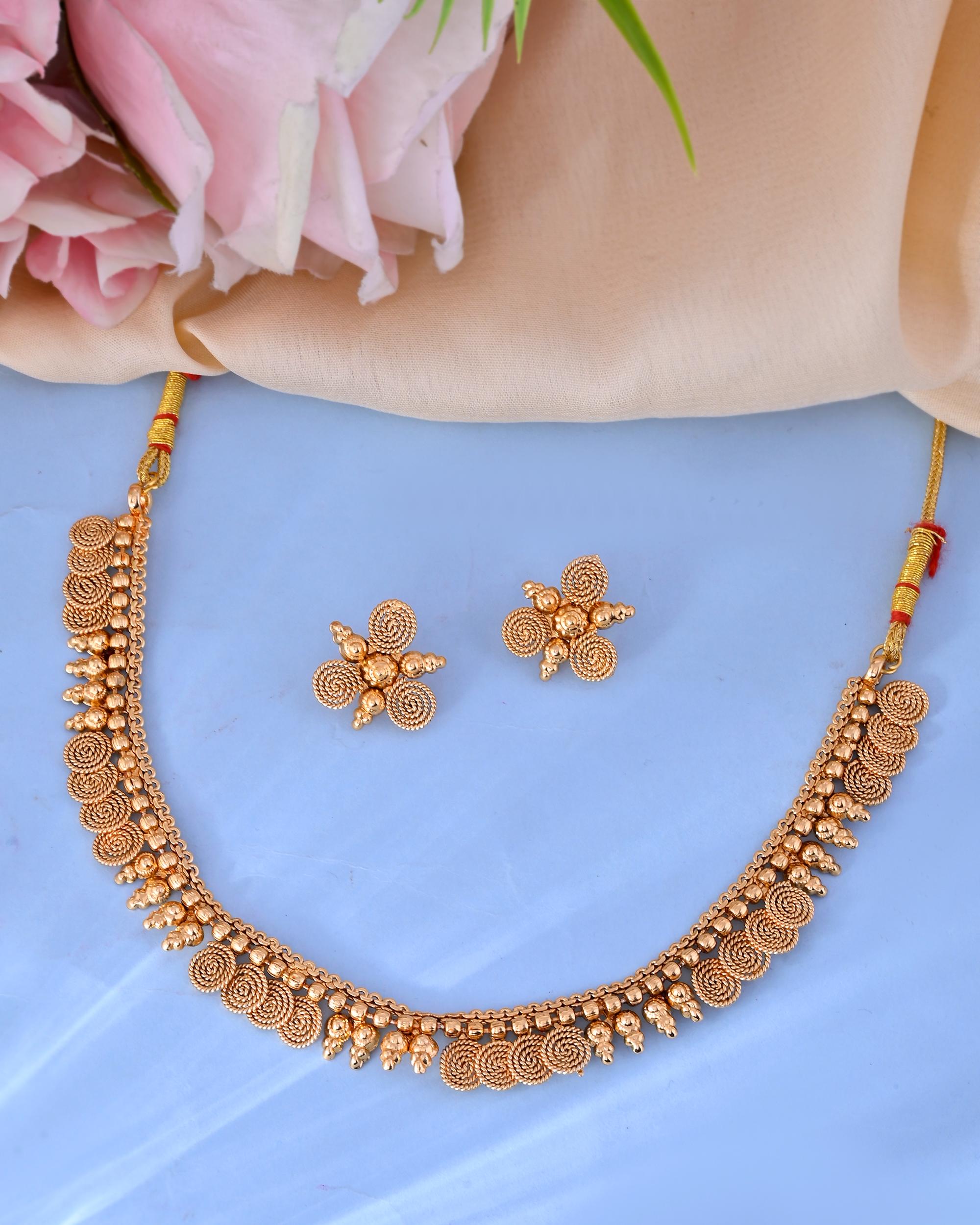VOJ Gold-Polished Round Designed Necklace With Earrings Set