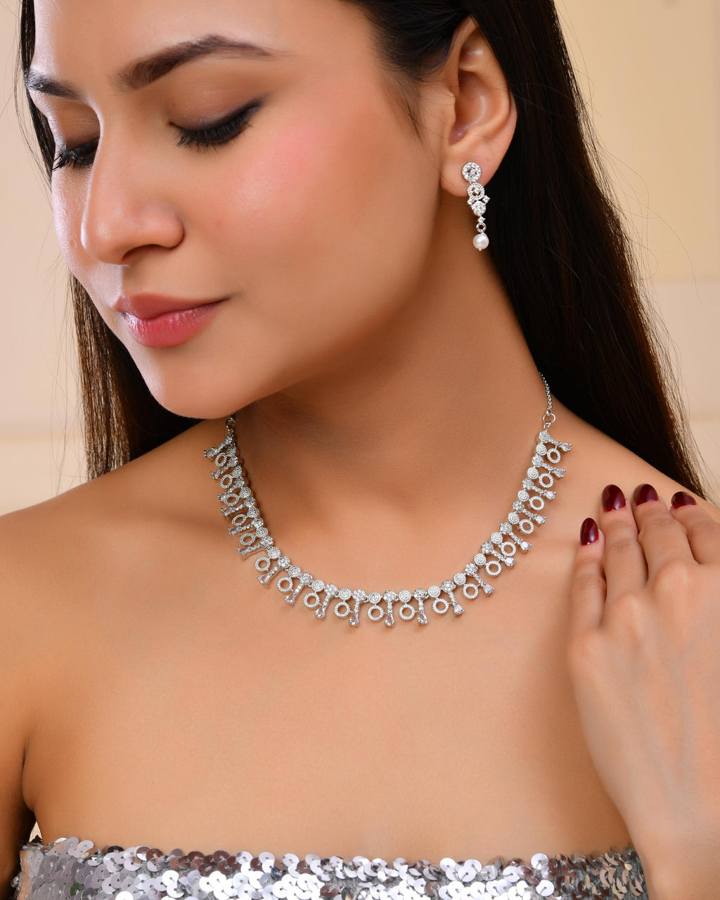 VOJ Silver Plated Ad Stone Studded Geometrical Shaped Necklace And Earrings Set