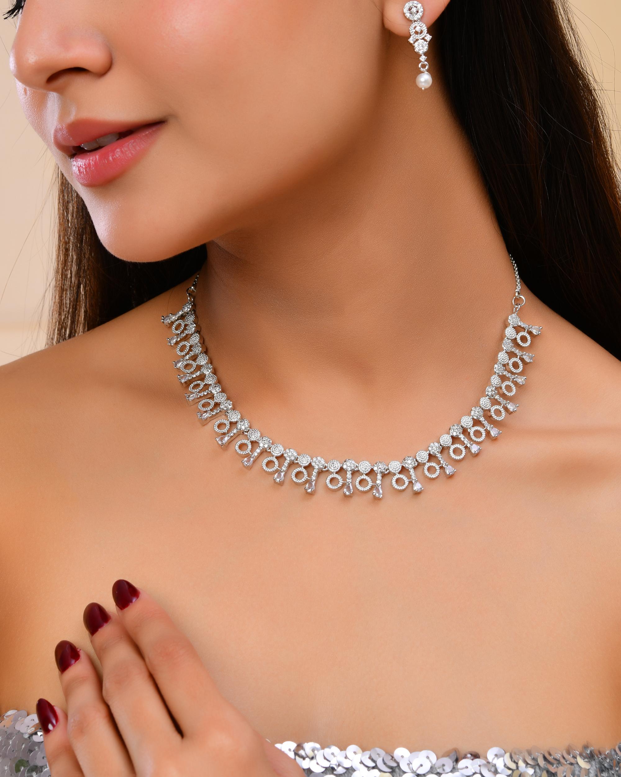 VOJ Silver Plated Ad Stone Studded Geometrical Shaped Necklace And Earrings Set
