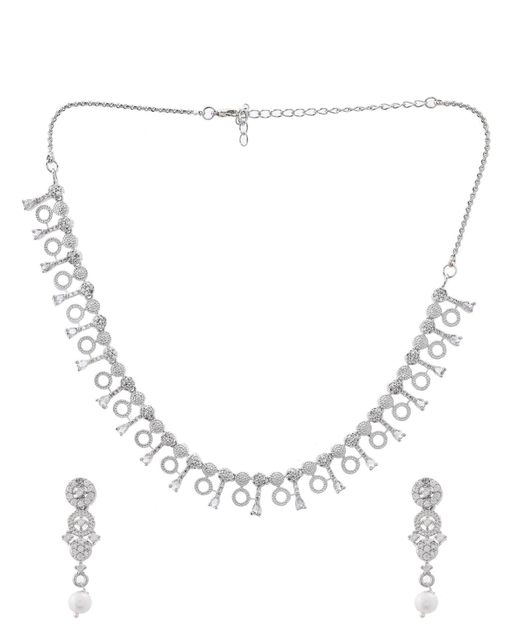 VOJ Silver Plated Ad Stone Studded Geometrical Shaped Necklace And Earrings Set