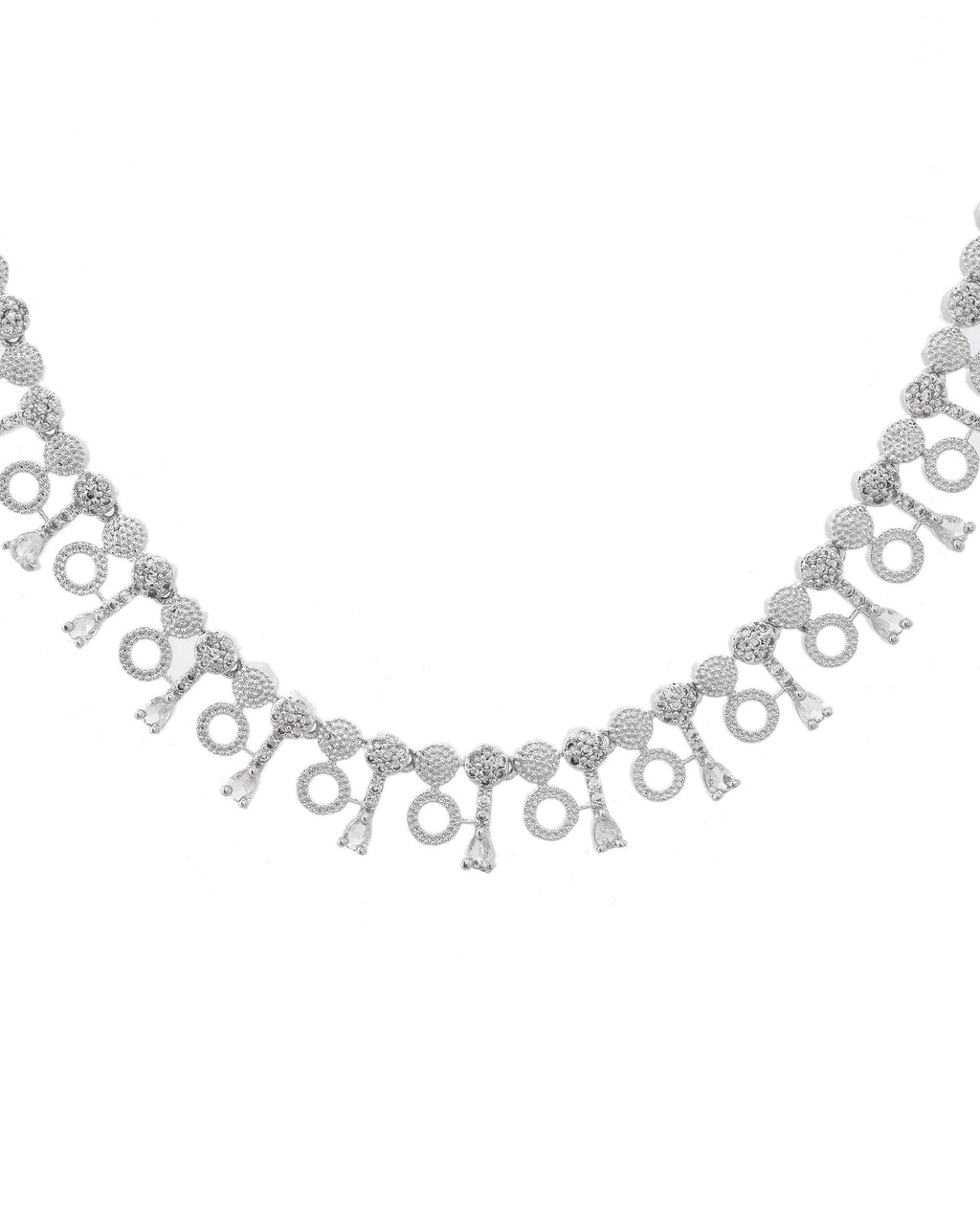 VOJ Silver Plated Ad Stone Studded Geometrical Shaped Necklace And Earrings Set