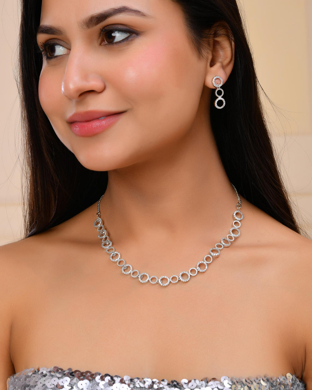 VOJ Silver Plated Ad Stone Studded Round Shaped Necklace And Earrings Set