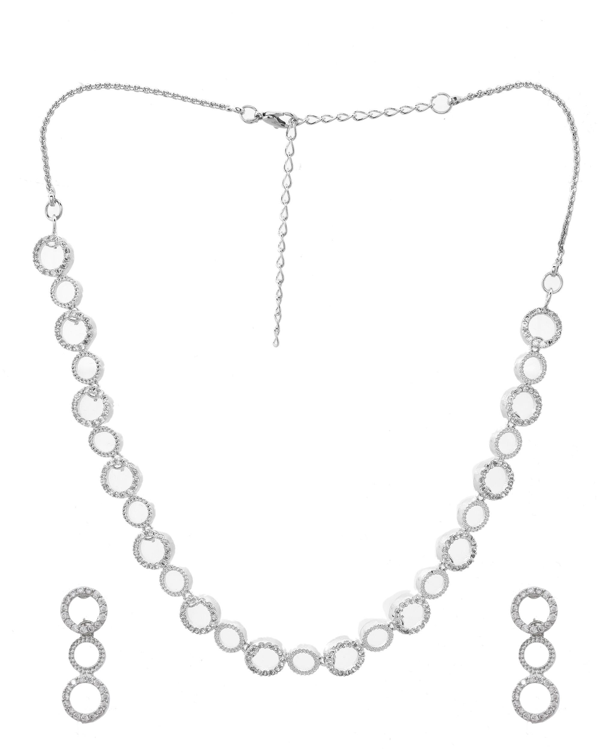 VOJ Silver Plated Ad Stone Studded Round Shaped Necklace And Earrings Set