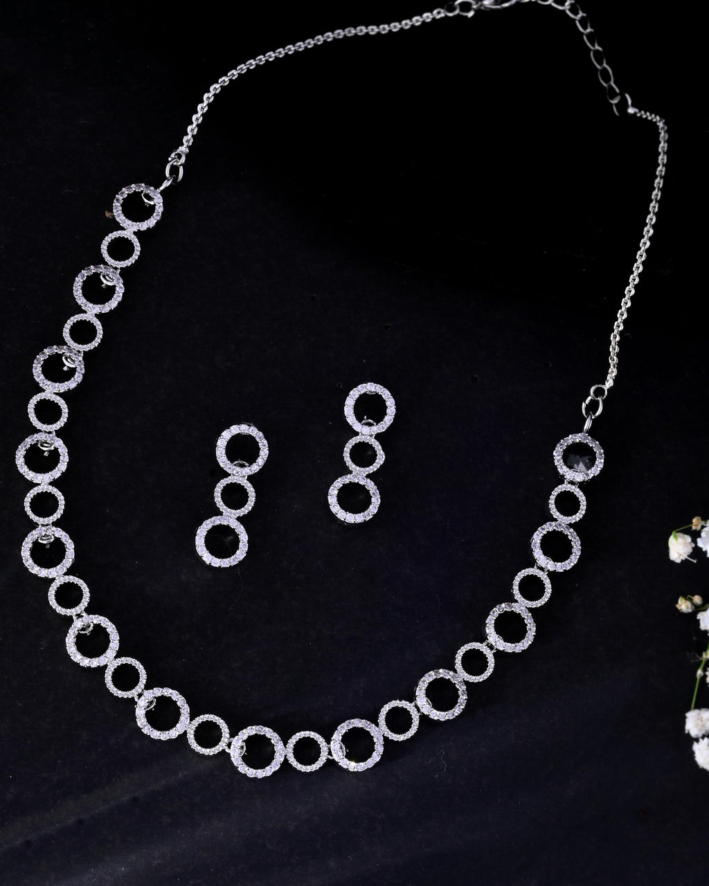 VOJ Silver Plated Ad Stone Studded Round Shaped Necklace And Earrings Set