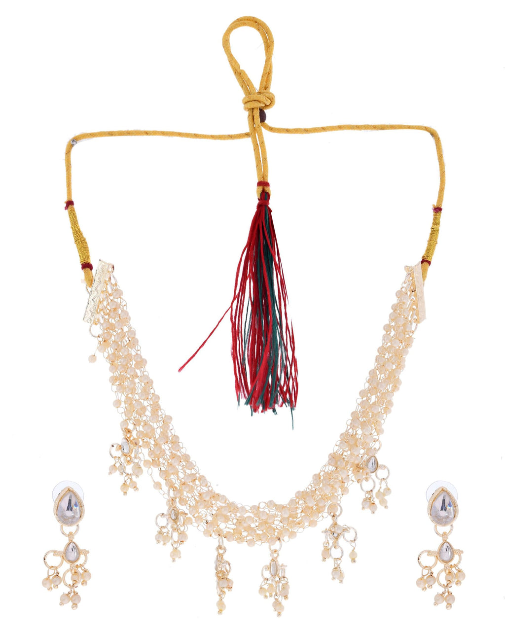 VOJ Gold-Polished Multi Layered Pearl Choker With Earrings Set