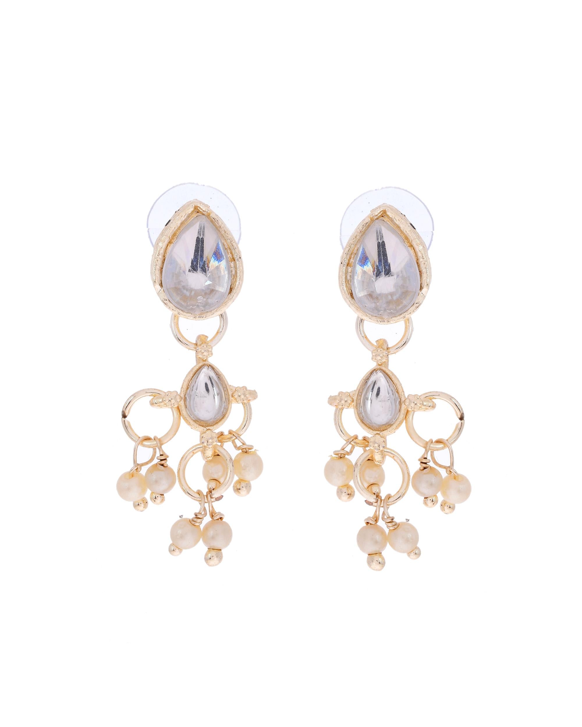 VOJ Gold-Polished Multi Layered Pearl Choker With Earrings Set