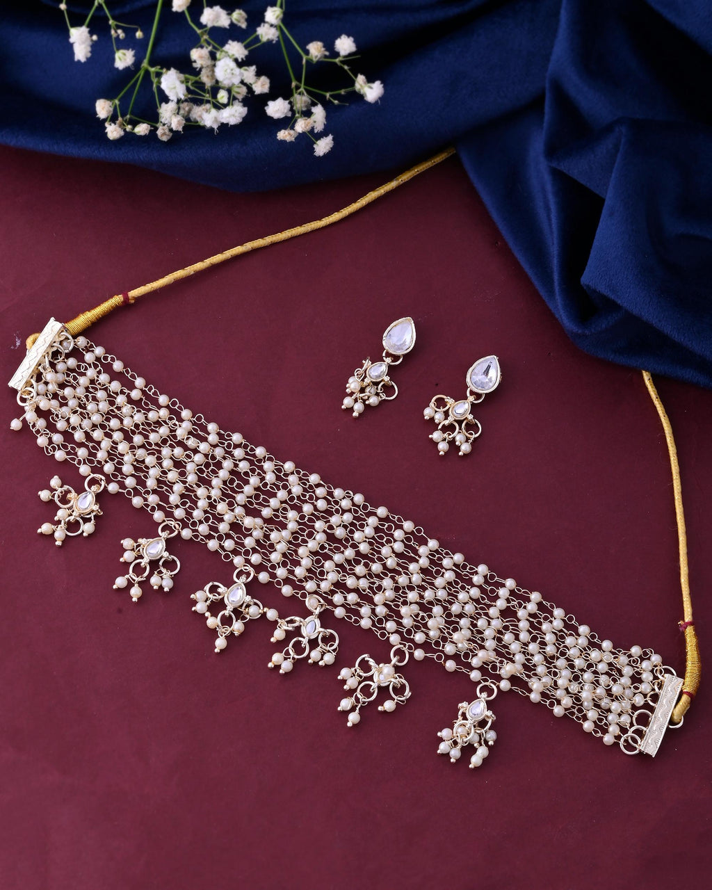 VOJ Gold-Polished Multi Layered Pearl Choker With Earrings Set