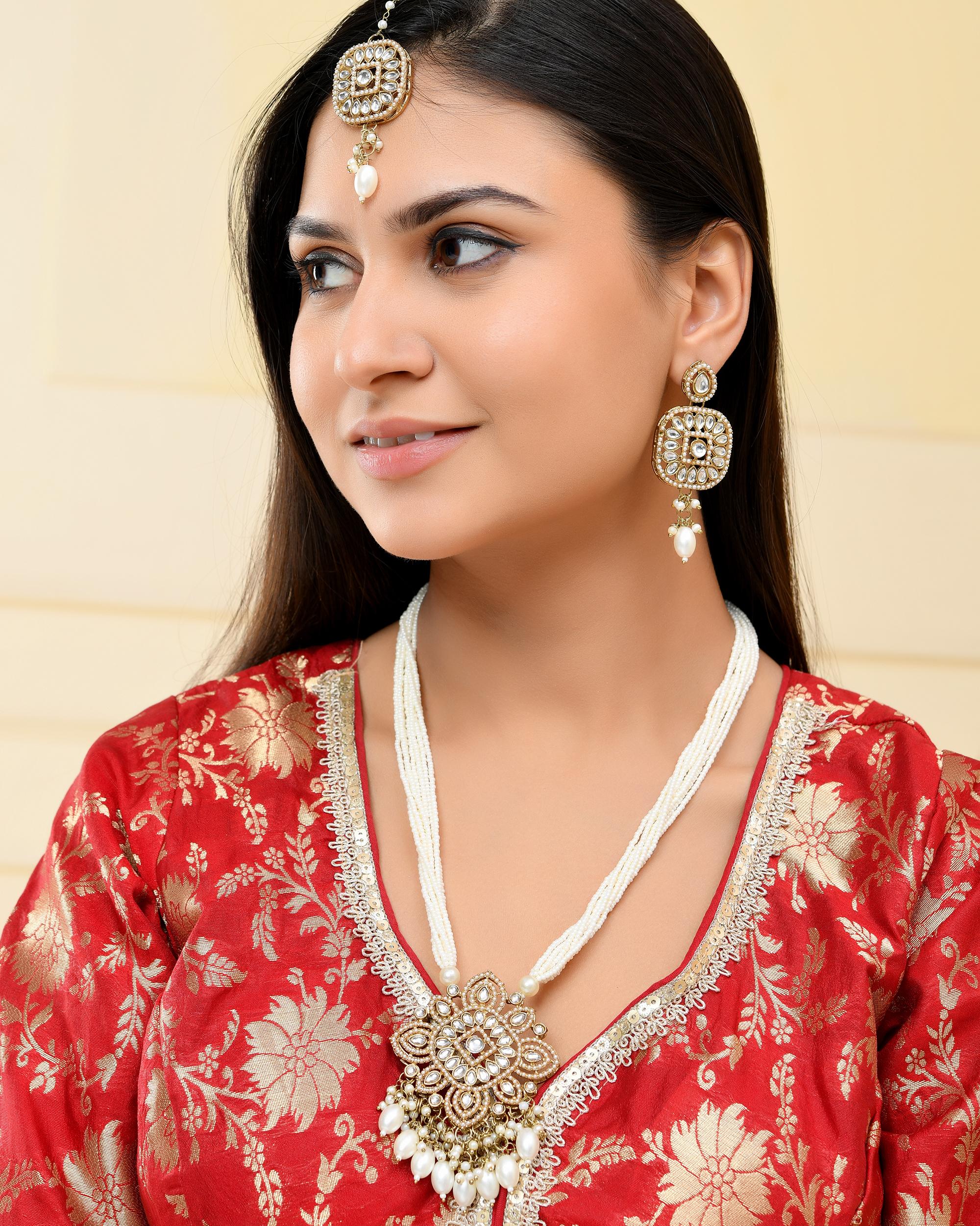 VOJ Gold-Polished Kundan Stone Studded Long Jewellery Set