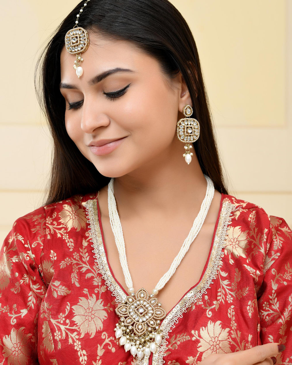 VOJ Gold-Polished Kundan Stone Studded Long Jewellery Set
