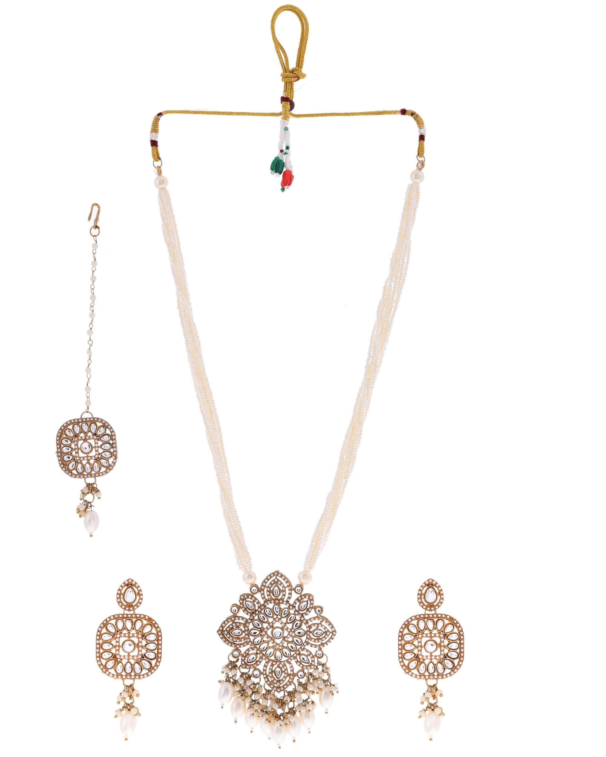 VOJ Gold-Polished Kundan Stone Studded Long Jewellery Set