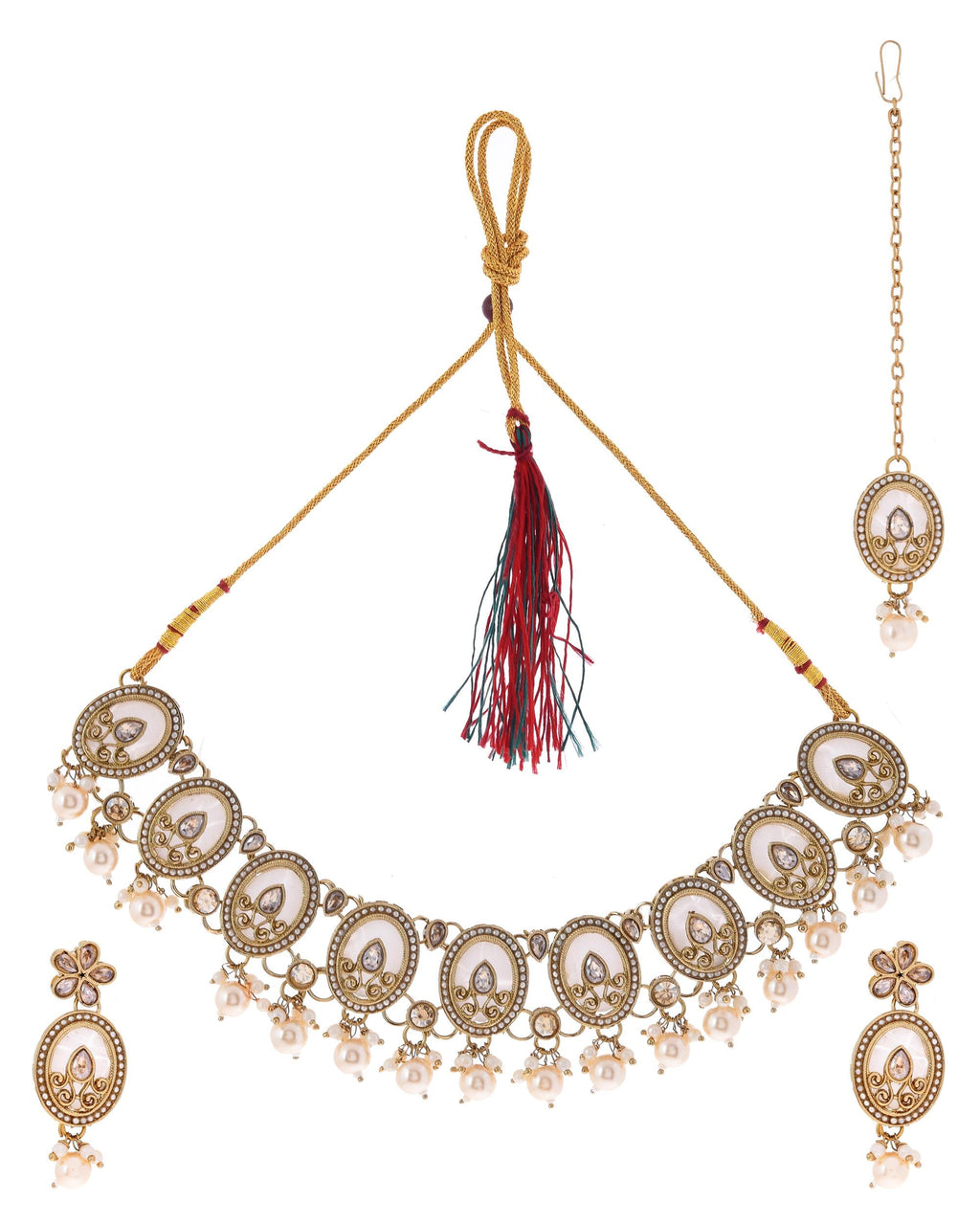 VOJ Gold-Polished Kundan Stone Studded White Necklace With Maang Tikka And Earrings Set