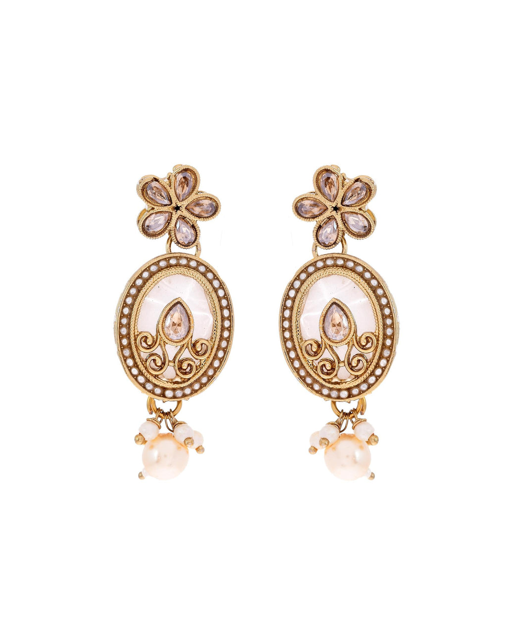 VOJ Gold-Polished Kundan Stone Studded White Necklace With Maang Tikka And Earrings Set