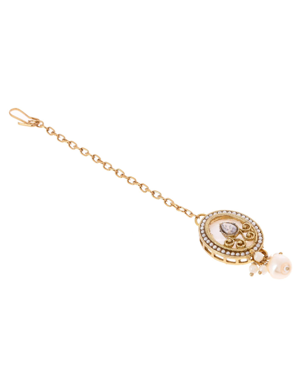 VOJ Gold-Polished Kundan Stone Studded White Necklace With Maang Tikka And Earrings Set