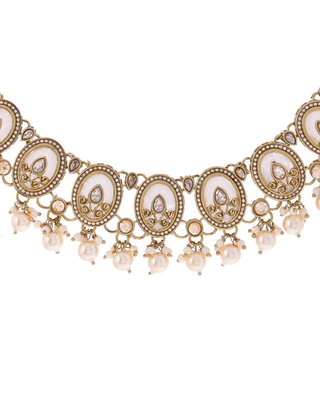VOJ Gold-Polished Kundan Stone Studded White Necklace With Maang Tikka And Earrings Set