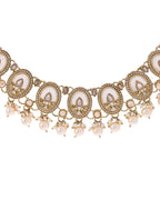 VOJ Gold-Polished Kundan Stone Studded White Necklace With Maang Tikka And Earrings Set