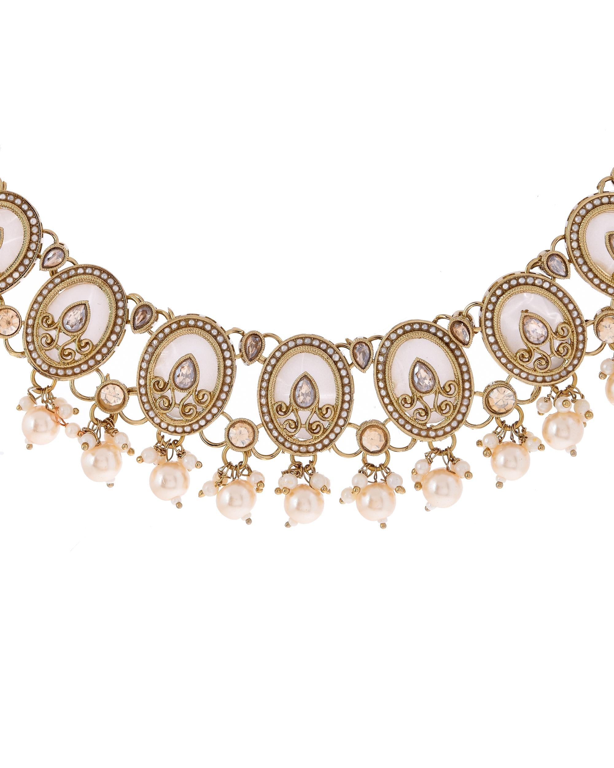 VOJ Gold-Polished Kundan Stone Studded White Necklace With Maang Tikka And Earrings Set