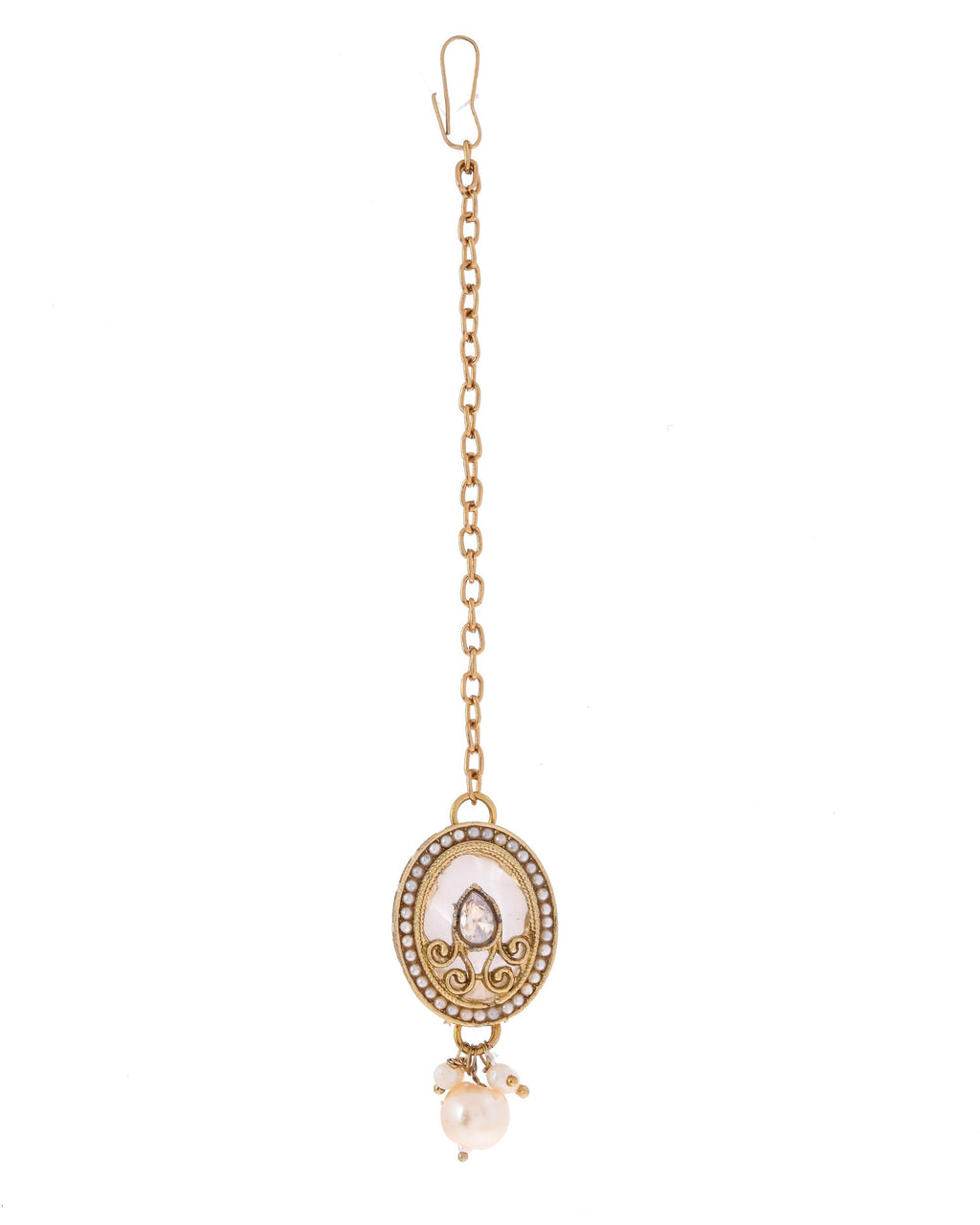 VOJ Gold-Polished Kundan Stone Studded White Necklace With Maang Tikka And Earrings Set