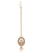 VOJ Gold-Polished Kundan Stone Studded White Necklace With Maang Tikka And Earrings Set